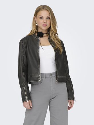 Only Lederjacke ONLY ONLMINDY FAUX LEATHER WASHED JACKET OTW, Damen, Gr. XS (34), schwarz (schwarz detail:washed), Web, Obermaterial: 100% Polyester, unifa