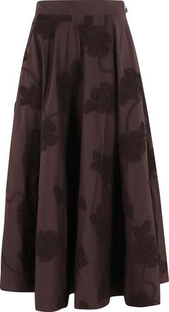 Rotate Brown Flower Embroidered Flared Cotton Maxi Skirt