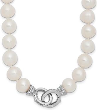 Diamond2Deal Sterling Silver 10mm White Freshwater Cultured Pearl and CZ Clasp Adjustable Necklace 18