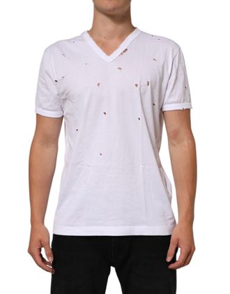 Dolce & Gabbana Mens Distressed Vneck Tshirt - White Cotton - Size EU 48 (Mens)