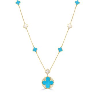 Italian Gold, Inc 14K Yellow Gold Clover Necklace - Mother of Pearl & Turquoise