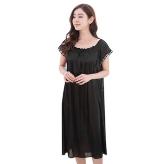 Generic Womens Nightdress - Pleated Satin Lace Nightgown, Short Sleeve Nighties, Loungewear Sleepwear, Sexy Crew Neck Midi Dress, Cute Petticoat, Chemise Bagg