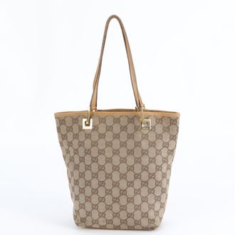 Gucci Brown Leather Canvas Handbag Shoulder Bag Tote Bag (Pre-Owned)