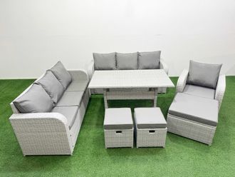 Fimous 10 Seater Poly Rattan Outdoor Garden Furniture Rectangular Dining Table Sofa Set Patio 3 Seater Sofa Reclining Chair 3 Seater Sofa 3 Stools