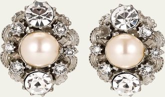 Ben-Amun Silver Crystal Oval Clip On Earrings with Pearly Center