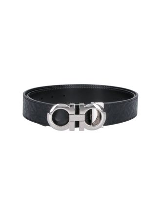 Ferragamo Black Reversible Belt with Embossed Pattern