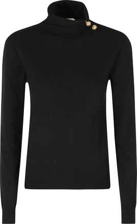 Alberta Ferretti Black Ribbed Trim Removable Jewel High Neck Wool-Blend Sweater