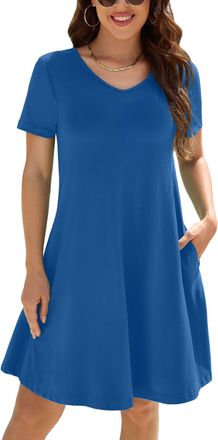 Generic Summer Dresses for Women UK V Neck Ladies Dress Casual Short Sleeve Dress with Pockets Light Blue