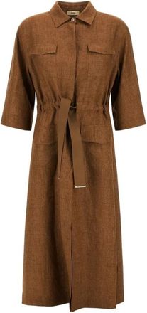 Herno Linnen midi jurk met trekkoord - Dames - Shirt Kleedjes - Bruin - XS - Linnen - Kleedjes