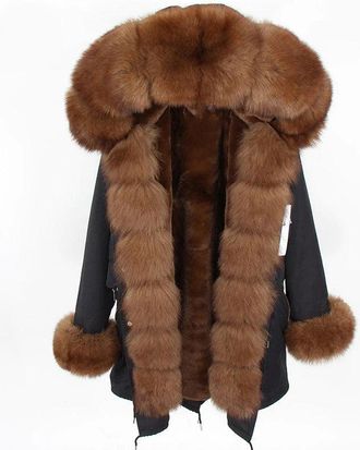 Wanan Luxury Black Parka with Brown Fox Fur