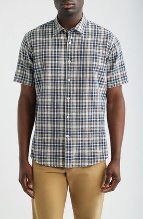 James Campbell Funchal Regular Fit Plaid Short Sleeve Cotton & Linen Sport Shirt in Blue at Nordstrom, Size Xx-Large