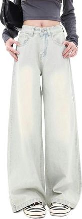 Generic Womens High Waist Jeans Buttoned Full Length Washed Wide Leg Denim Pants Fall Straight Leg Pants Licht Blau-XL