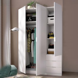 Dmora Armario Dbarro, Perchero Para Dormitorio, Armario Con 3 Puertas Batientes Y 3 Cajones, 121x52h184 Cm, Blanco - Dmora