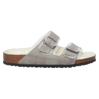 Birkenstock Arizona Shearling Suede Unisex Slides Sandals - Stone Coin - Size:UK 7.5