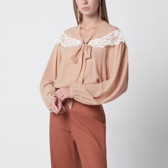 Chlo&eacute; Camicia rosa biscotto in seta e pizzo