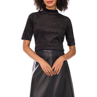 Vince Camuto Animal Print Jacquard Chenille Mesh Mock Neck Top in Rich Black at Nordstrom Rack, Size X-Small