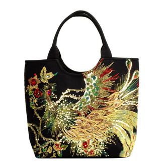 Generic Fiorky Embroidered Canvas Bag, Ethnic Style Women Shoulder Bag Peafowl Embroidery Canvas Crossbody Bag Casual Ladies Beads Pendant Fashion Handbags To
