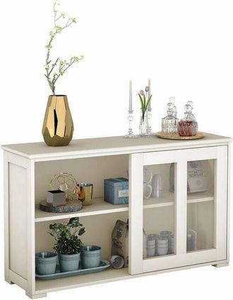 Costway Armadietto da Cucina Mobile Laterale Multiuso con Ante Scorrevoli, in MDF e Vetro, 106,5 x 33 x 62,5 cm (Bianco Crema)