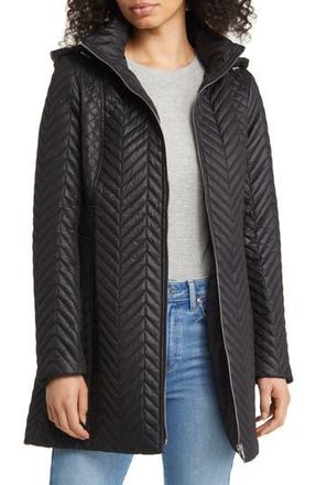 Via Spiga Herringbone Quilted Water Resistant Hooded Jacket in Black at Nordstrom Rack, Size Large