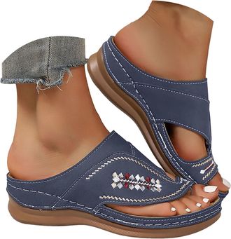 Generic Womens Embroidered Sandals Platform Summer Shoes Casual Comfortable Walking Sandals Thick Sole Open Toe Casual Shoes Boho Embroidery Outdoor Sandal (B