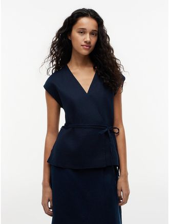 Tommy Hilfiger Womens Sleeveless Linen-Blend Wrap Top - Navy - 36