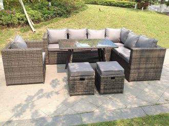 Fimous 9 Seater Grey Rattan Corner Sofa Set Dining Table Armchair Foot Rest Garden Furniture Outdoor in Dark Grey