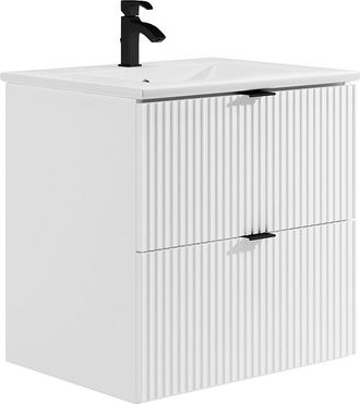 Vente-Unique Mueble de ba&ntilde;o suspendido estriado con lavabo para encastrar - Blanco mate - 60 cm - ZEVINI