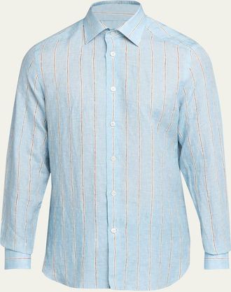 Kiton Mens Linen Stripe Button-Down Shirt with Mother-Of-Pearl