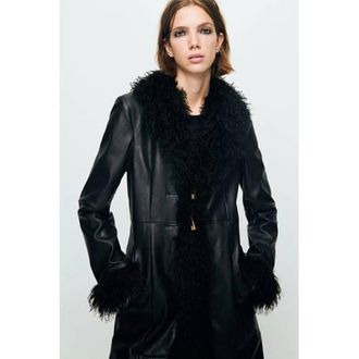 Mango imitatieleren faux fur jas zwart