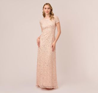 Adrianna Papell Scoop Back Sequin Gown In Blush