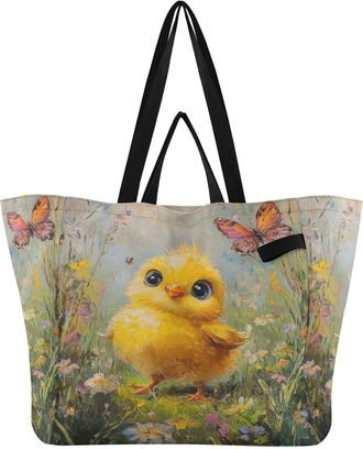 Generic Yellow Chicken Butterfly print Reusable Canvas Tote Bag, Heavy Duty Grocery Shopping Bag with Double Handles Hard Bottom Large Capacity Work Groceries