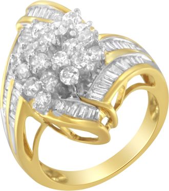 House of Brilliance 10K Yellow Gold Round and Baguette Diamond Swirl Ring