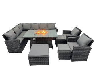 Fimous Rattan Outdoor Patio Gas Firpit Table Sofa Set with 3 Stools 2 Chairs in Dark Grey
