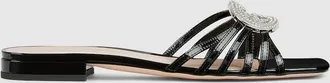 Gucci Womens Slide With Crystal Interlocking G, Black, Leather