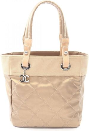 Chanel Beige Gold Coated Canvas Leather Handbag Tote Bag (Pre-Owned)