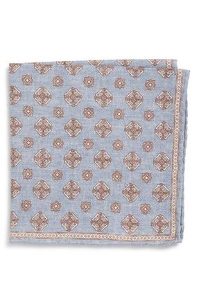 Eleventy Medallion Wool & Cotton Muslin Pocket Square in 08-99 Blue/Crimson at Nordstrom