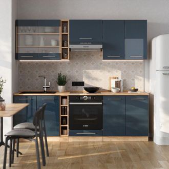 Vicco Mueble De Cocina Fame-line, Azul Oscuro Alto Brillo/roble Dorado, 235 Cm, Et Roble