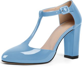EDEFS Womens Light-Blue Patent Mary Jane Heels with T Strap 3.5 Inch Block Heel Court Shoes Closed Toe Dress Heels for Party Wedding and Work UK2