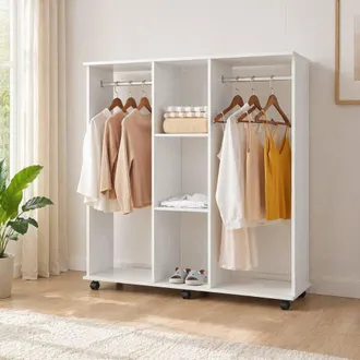 STILVORA Open Wardrobe with 2 Hanging Rails & 3-Tier Storage in White
