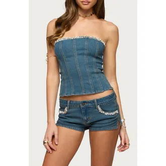 Edikted Zenna Beaded Strapless Denim Corset Top in Blue-Washed at Nordstrom, Size X-Small