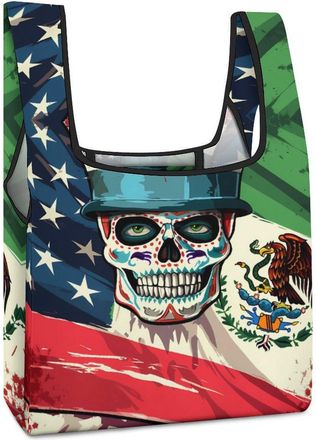 Generic Mexican American Flag Skull Shopping Bag Reusable Grocery Tote Bag Foldable Handbag for Travel Picnic