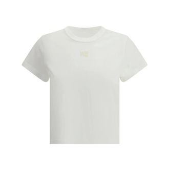 Alexander Wang Tops, Dames, Wit, XS, Katoen, In reliëf Logo Geribbelde Ronde Hals T-Shirt