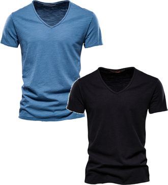 Generic 2 Pack T-Shirts for Men UK Casual V Neck Short Sleeve Tee Top Slim Fit Comfy Cotton Summer T Shirt Plain Breathable Shirts Undershirts