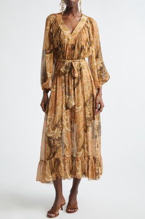 Zimmermann Kindred Spirit Carousel Long Sleeve Batwing Silk Blend Midi Dress in Biscuit Paisley at Nordstrom, Size 3
