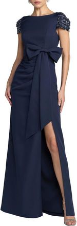 Mac Duggal Beaded Cap Sleeve Crepe Gown With Bow and slit in Midnight at Nordstrom, Size 16