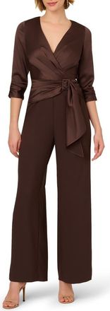 Adrianna Papell Belted Satin Jumpsuit in Dark Brown at Nordstrom, Size 18W