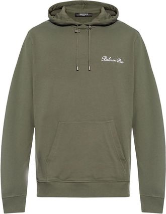 Balmain logo-embroidered drawstring hoodie - men - Cotton - 3XL - Green