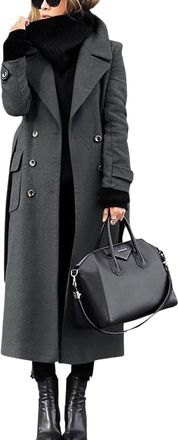 Generic Womens Winter Double Breasted Coat Business Casual Long Winter Pea Coat with Belt (Grey,L)