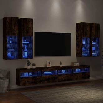 vidaXL Muebles De Tv De Pared Con Luces Led 7 Piezas Roble Ahumado Vidaxl