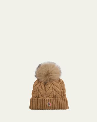 Moncler Cable-Knit Wool-Cashmere Beanie with Shearling Pom